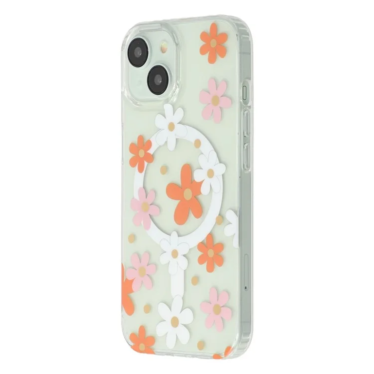 For iPhone 15 Magnetic Case IMD Flower Pattern TPU + PC Clear Back Phone Cover - Style D