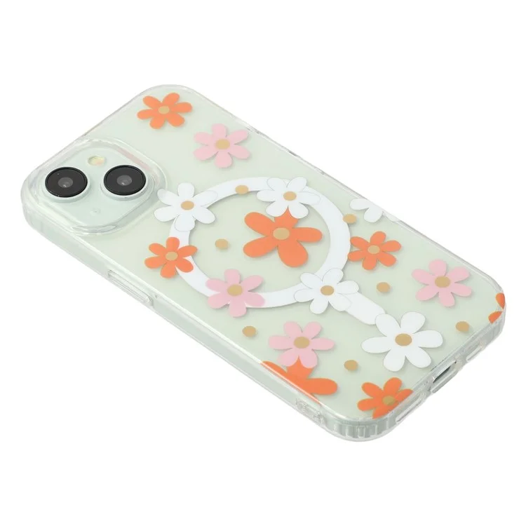 For iPhone 15 Magnetic Case IMD Flower Pattern TPU + PC Clear Back Phone Cover - Style D