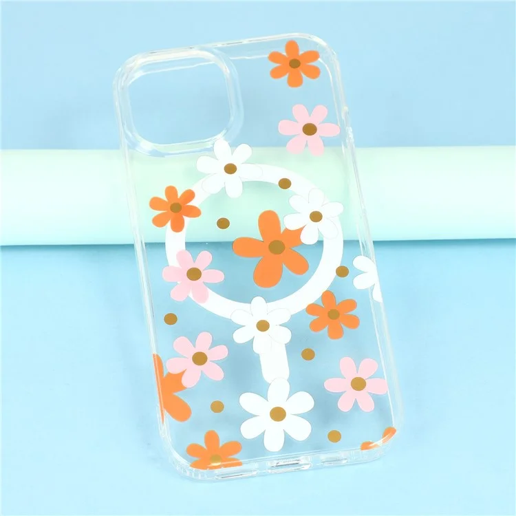 For iPhone 15 Magnetic Case IMD Flower Pattern TPU + PC Clear Back Phone Cover - Style D