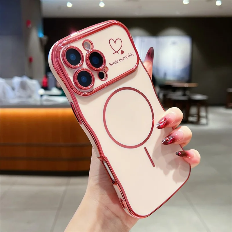 For iPhone 16 Pro Max Magnetic Case Electroplating Wave Edge TPU Phone Cover Heart Pattern - Rose Pink