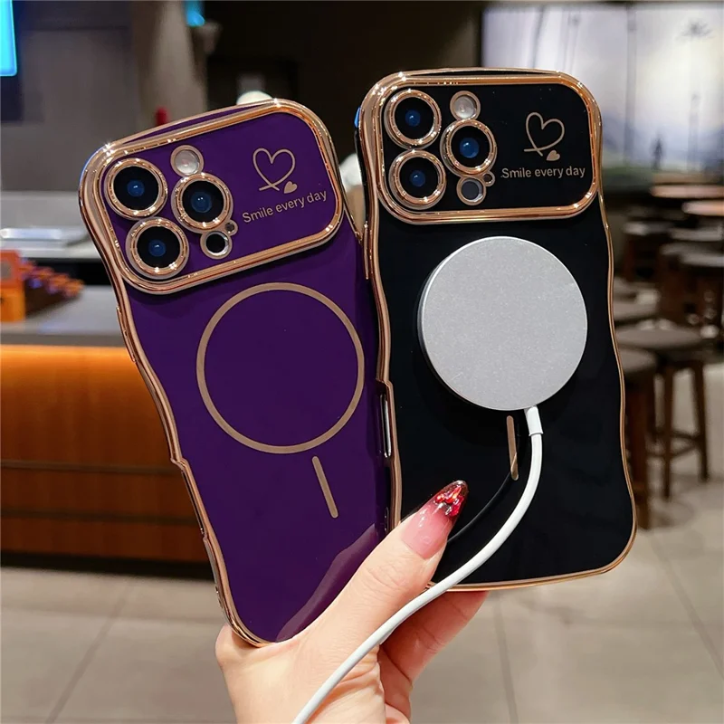 For iPhone 16 Pro Max Magnetic Case Electroplating Wave Edge TPU Phone Cover Heart Pattern - Rose Pink