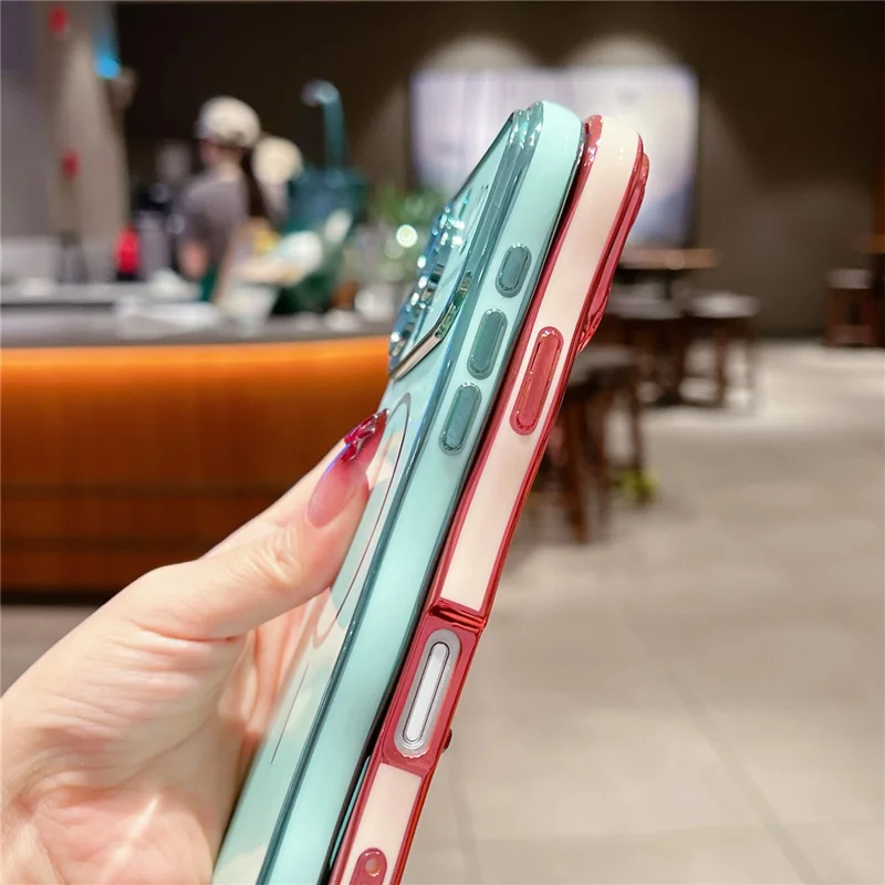 For iPhone 16 Pro Max Magnetic Case Electroplating Wave Edge TPU Phone Cover Heart Pattern - Rose Pink