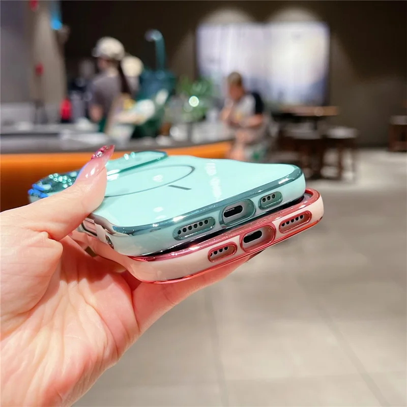 For iPhone 16 Pro Max Magnetic Case Electroplating Wave Edge TPU Phone Cover Heart Pattern - Rose Pink