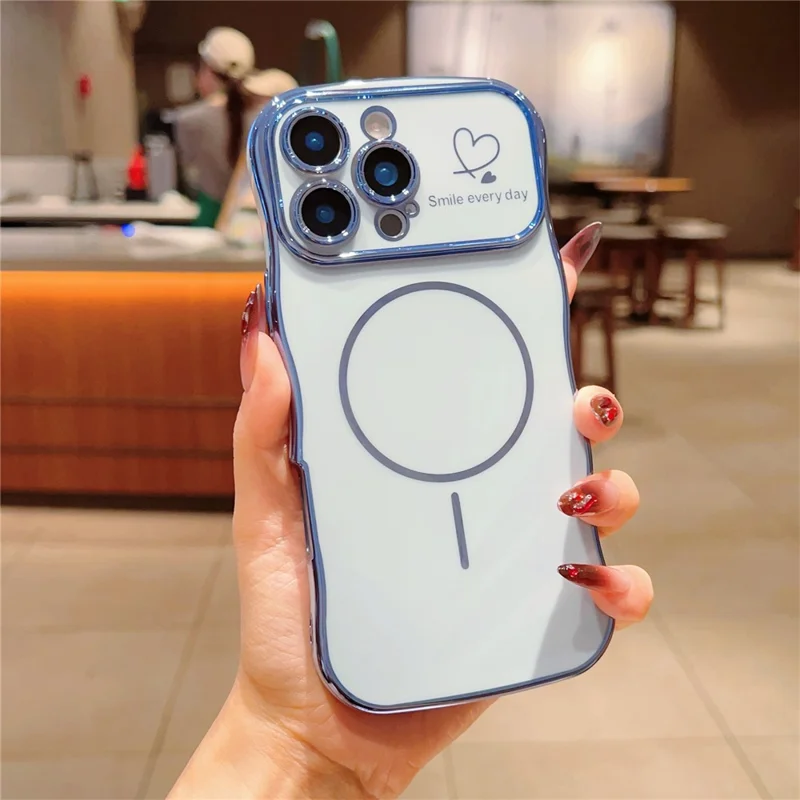 For iPhone 16 Pro Max Magnetic Case Electroplating Wave Edge TPU Phone Cover Heart Pattern - Blue