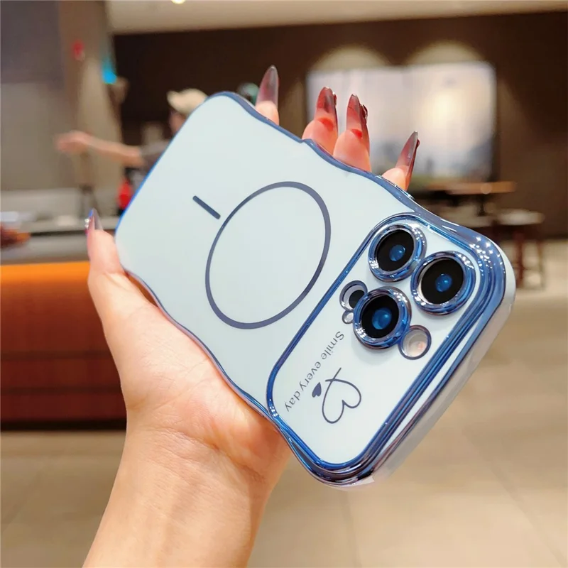 For iPhone 16 Pro Max Magnetic Case Electroplating Wave Edge TPU Phone Cover Heart Pattern - Blue