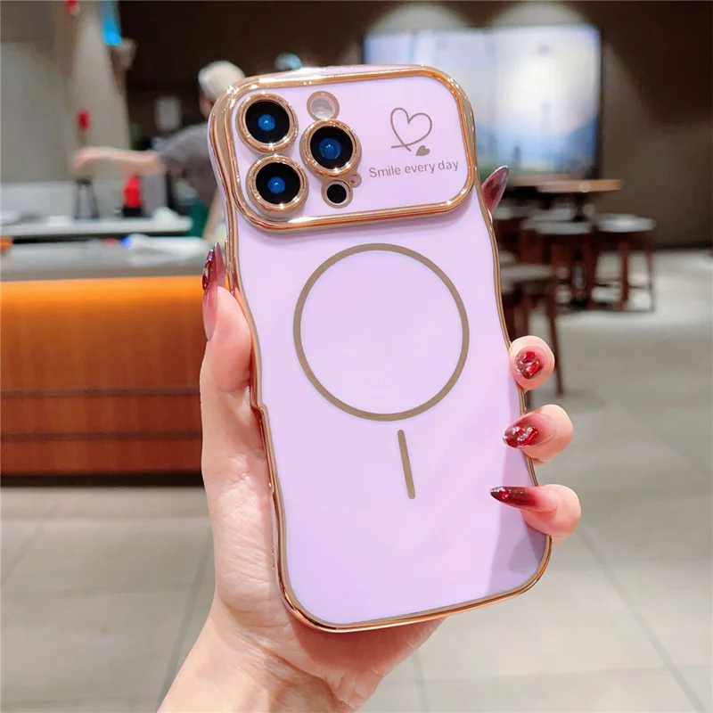 For iPhone 16 Pro Max Magnetic Case Electroplating Wave Edge TPU Phone Cover Heart Pattern - Purple