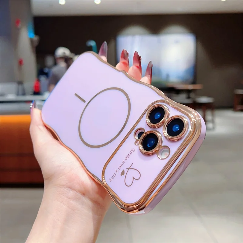 For iPhone 16 Pro Max Magnetic Case Electroplating Wave Edge TPU Phone Cover Heart Pattern - Purple