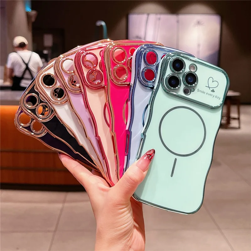 For iPhone 16 Pro Max Magnetic Case Electroplating Wave Edge TPU Phone Cover Heart Pattern - Purple