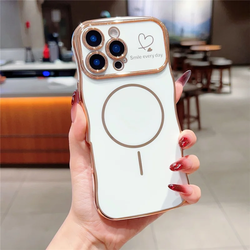 For iPhone 16 Pro Max Magnetic Case Electroplating Wave Edge TPU Phone Cover Heart Pattern - Ivory White