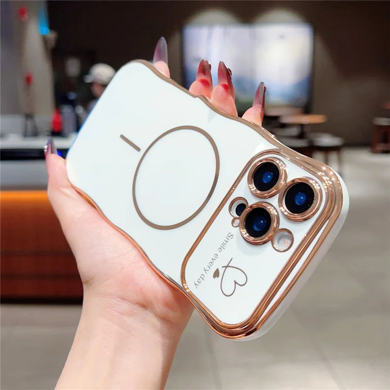 For iPhone 16 Pro Max Magnetic Case Electroplating Wave Edge TPU Phone Cover Heart Pattern - Ivory White