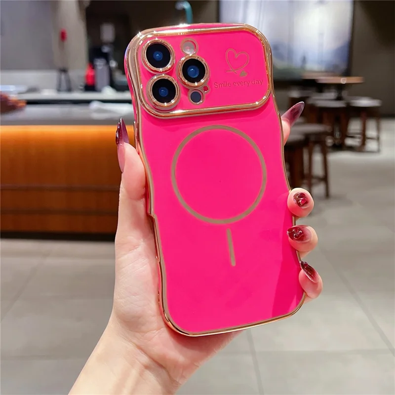 For iPhone 16 Pro Max Magnetic Case Electroplating Wave Edge TPU Phone Cover Heart Pattern - Rose
