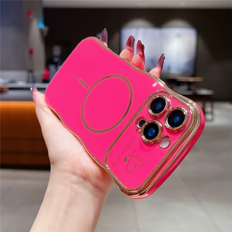 For iPhone 16 Pro Max Magnetic Case Electroplating Wave Edge TPU Phone Cover Heart Pattern - Rose