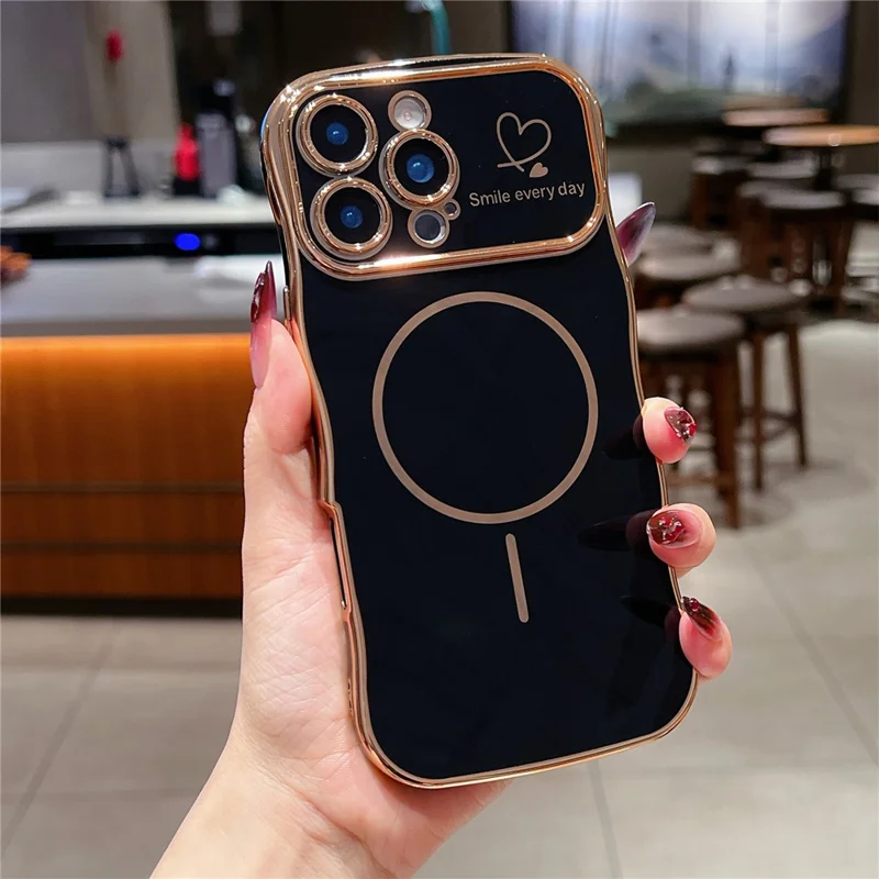 For iPhone 16 Pro Max Magnetic Case Electroplating Wave Edge TPU Phone Cover Heart Pattern - Black