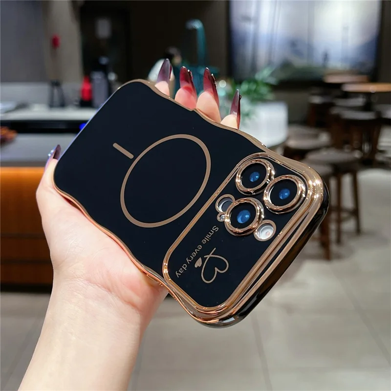 For iPhone 16 Pro Max Magnetic Case Electroplating Wave Edge TPU Phone Cover Heart Pattern - Black