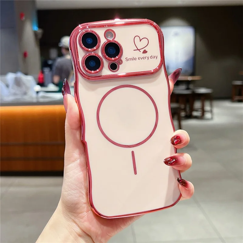 For iPhone 16 Pro Magnetic Case Electroplating Wave Edge TPU Phone Cover Heart Pattern - Rose Pink