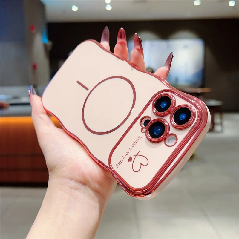 For iPhone 16 Pro Magnetic Case Electroplating Wave Edge TPU Phone Cover Heart Pattern - Rose Pink
