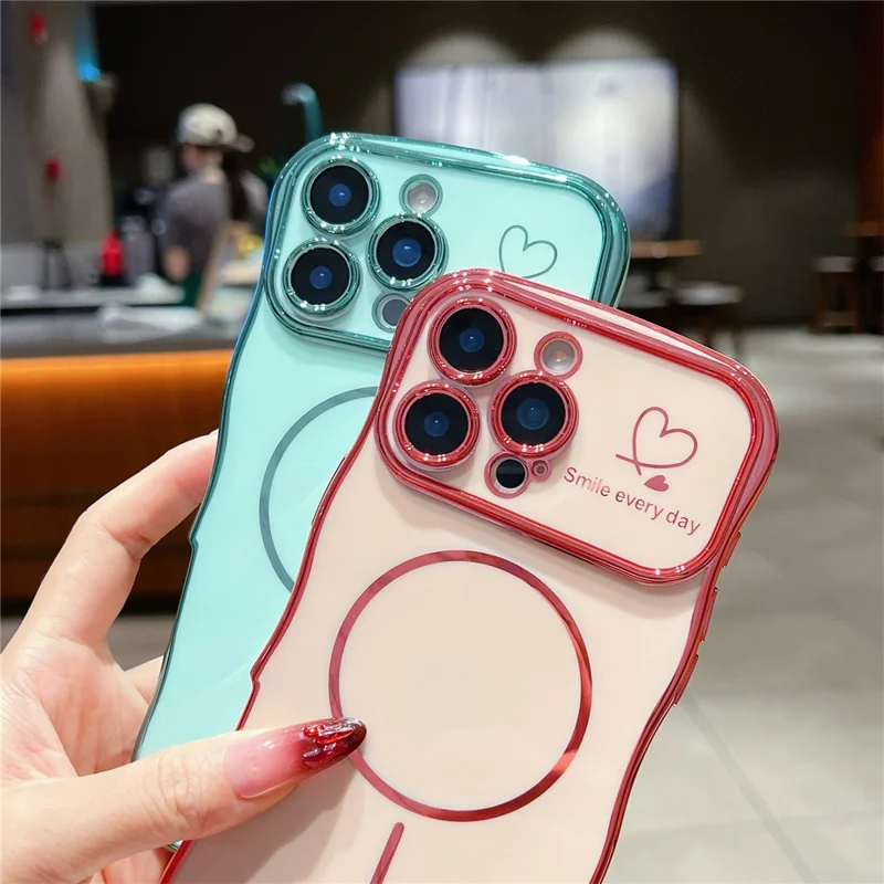 For iPhone 16 Pro Magnetic Case Electroplating Wave Edge TPU Phone Cover Heart Pattern - Rose Pink