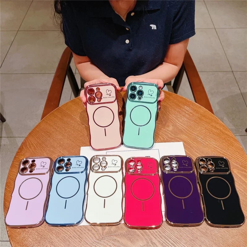 For iPhone 16 Pro Magnetic Case Electroplating Wave Edge TPU Phone Cover Heart Pattern - Rose Pink