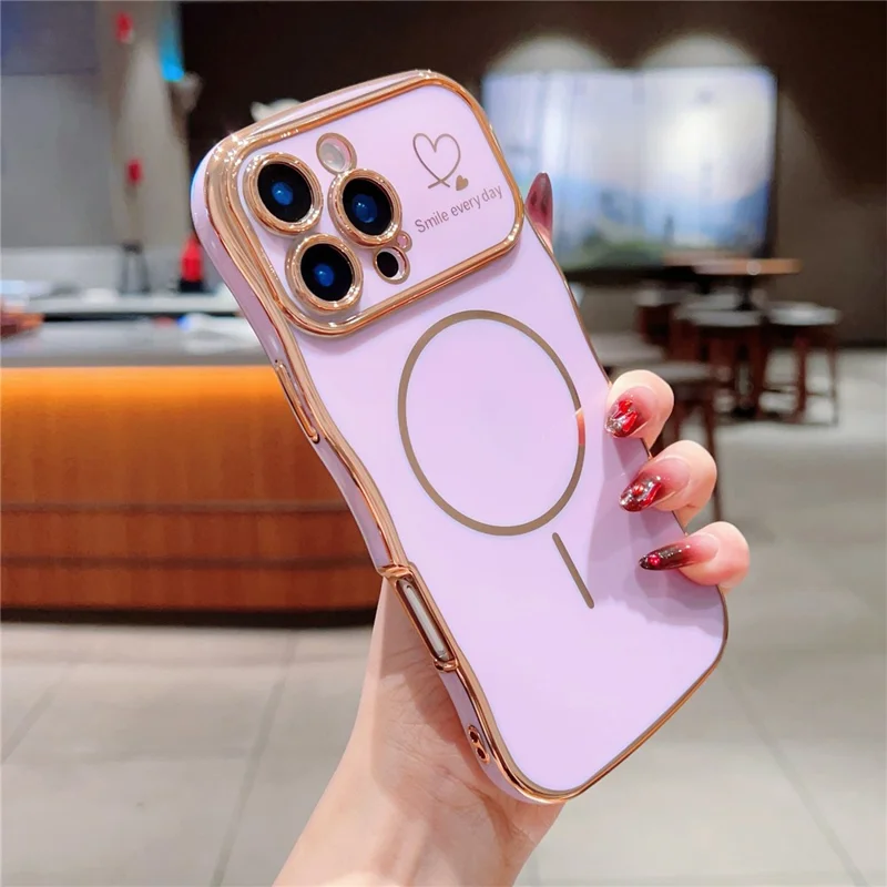 For iPhone 16 Pro Magnetic Case Electroplating Wave Edge TPU Phone Cover Heart Pattern - Purple