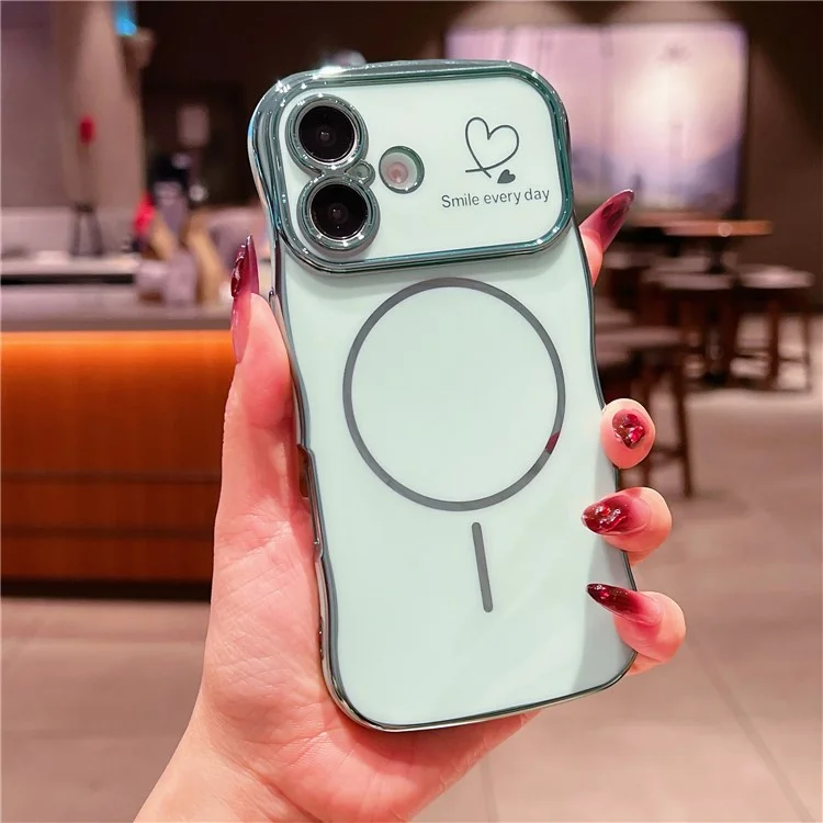 For iPhone 16 Plus Magnetic Case Electroplating Wave Edge TPU Phone Cover Heart Pattern - Green