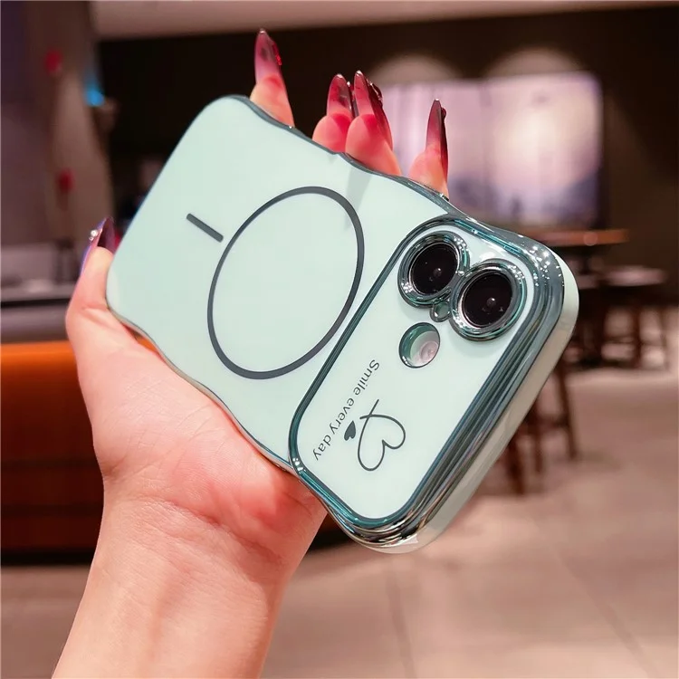For iPhone 16 Plus Magnetic Case Electroplating Wave Edge TPU Phone Cover Heart Pattern - Green