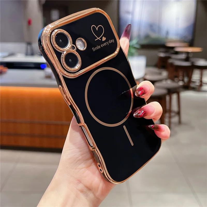 For iPhone 16 Plus Magnetic Case Electroplating Wave Edge TPU Phone Cover Heart Pattern - Black