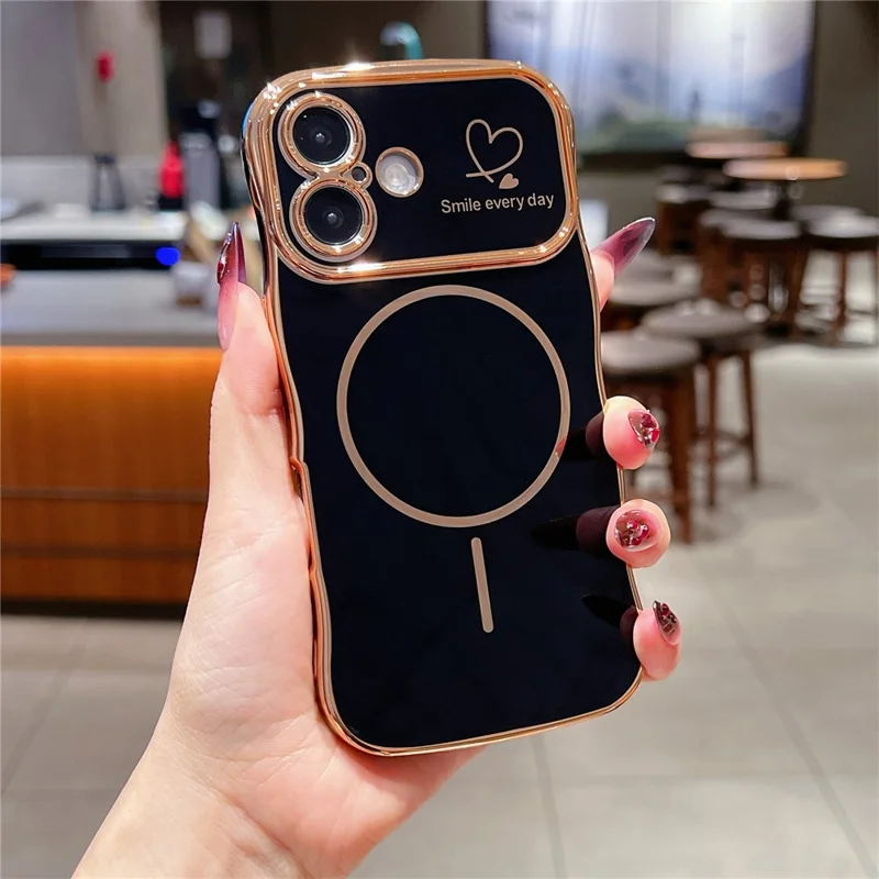 For iPhone 16 Plus Magnetic Case Electroplating Wave Edge TPU Phone Cover Heart Pattern - Black