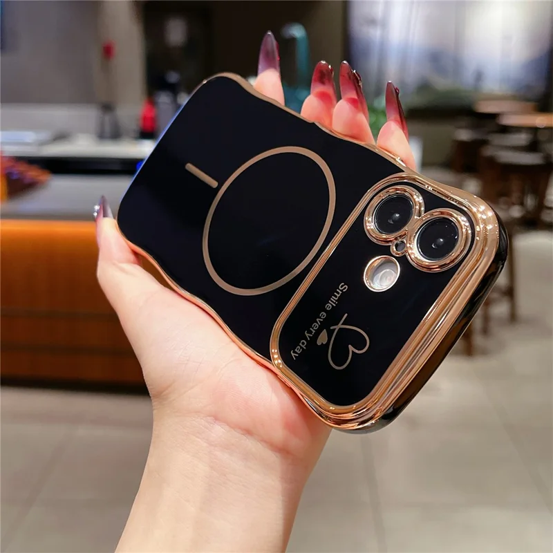For iPhone 16 Plus Magnetic Case Electroplating Wave Edge TPU Phone Cover Heart Pattern - Black