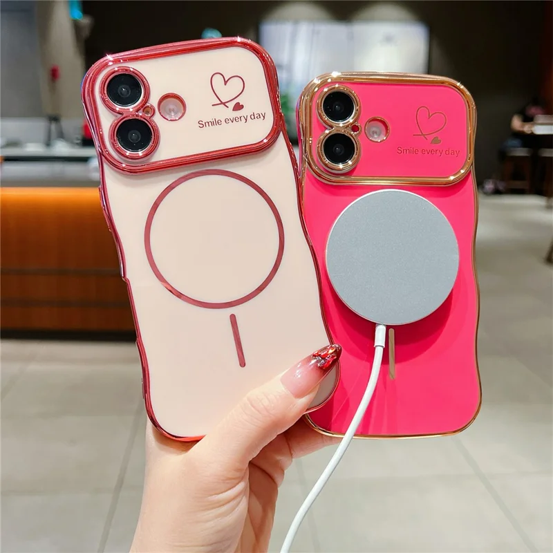 For iPhone 16 Plus Magnetic Case Electroplating Wave Edge TPU Phone Cover Heart Pattern - Black