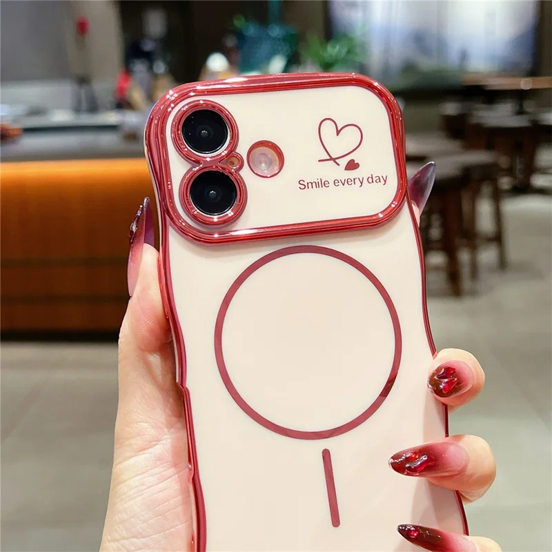 For iPhone 16 Plus Magnetic Case Electroplating Wave Edge TPU Phone Cover Heart Pattern - Black