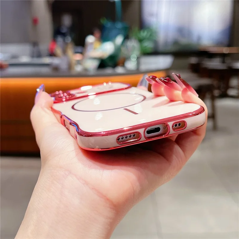 For iPhone 16 Plus Magnetic Case Electroplating Wave Edge TPU Phone Cover Heart Pattern - Black