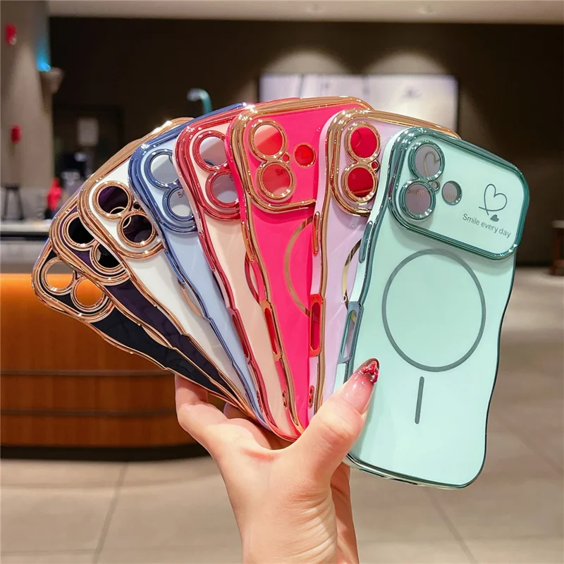 For iPhone 16 Plus Magnetic Case Electroplating Wave Edge TPU Phone Cover Heart Pattern - Black
