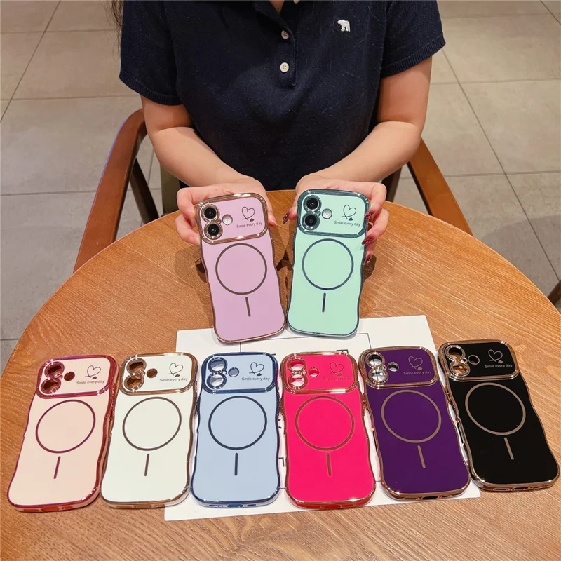 For iPhone 16 Plus Magnetic Case Electroplating Wave Edge TPU Phone Cover Heart Pattern - Black