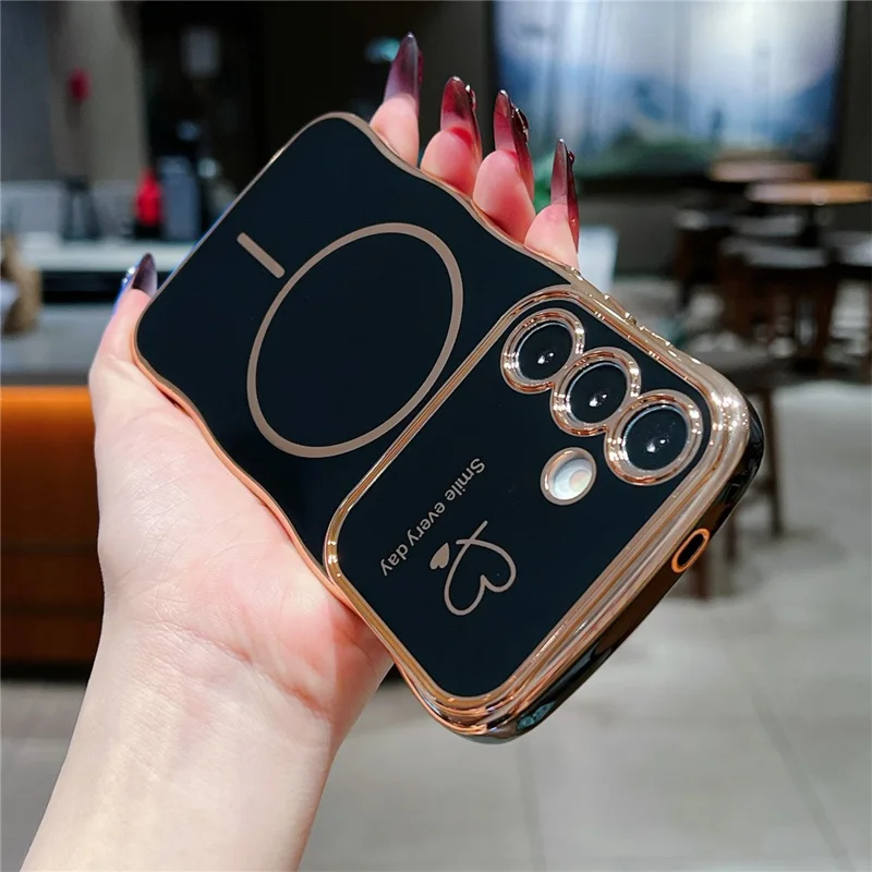 For Samsung Galaxy S25 / S24 Magnetic Case Electroplating Wave Edge TPU Phone Cover Heart Pattern - Black