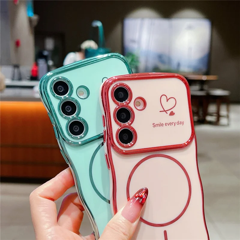 For Samsung Galaxy S25 / S24 Magnetic Case Electroplating Wave Edge TPU Phone Cover Heart Pattern - Black