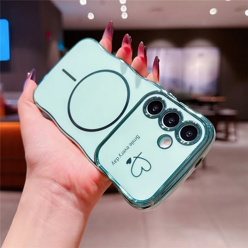 For Samsung Galaxy S25 / S24 Magnetic Case Electroplating Wave Edge TPU Phone Cover Heart Pattern - Green