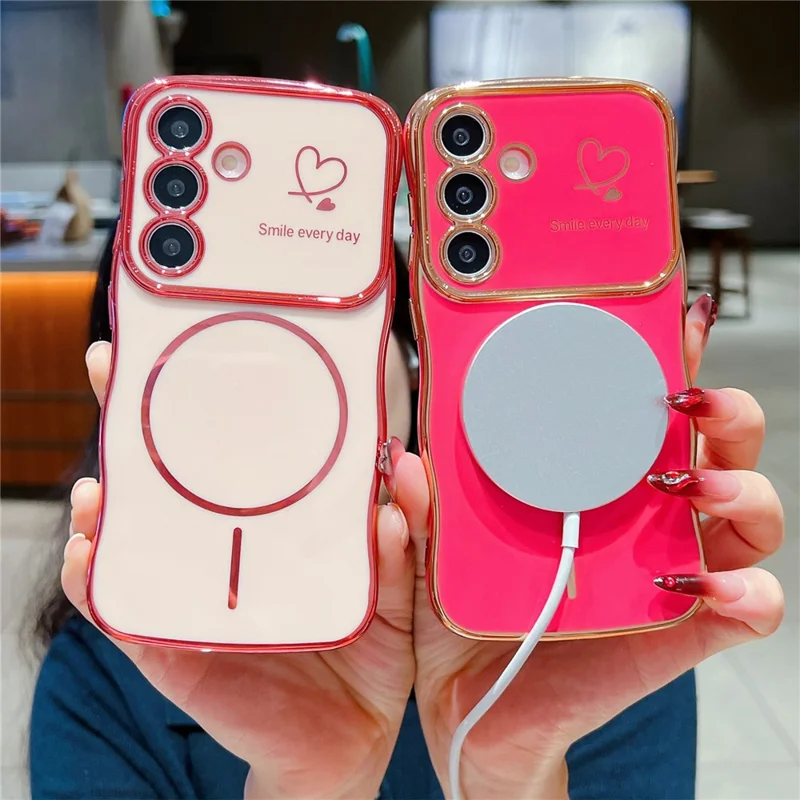 For Samsung Galaxy S25+ / S24+ Magnetic Case Electroplating Wave Edge TPU Phone Cover Heart Pattern - Black