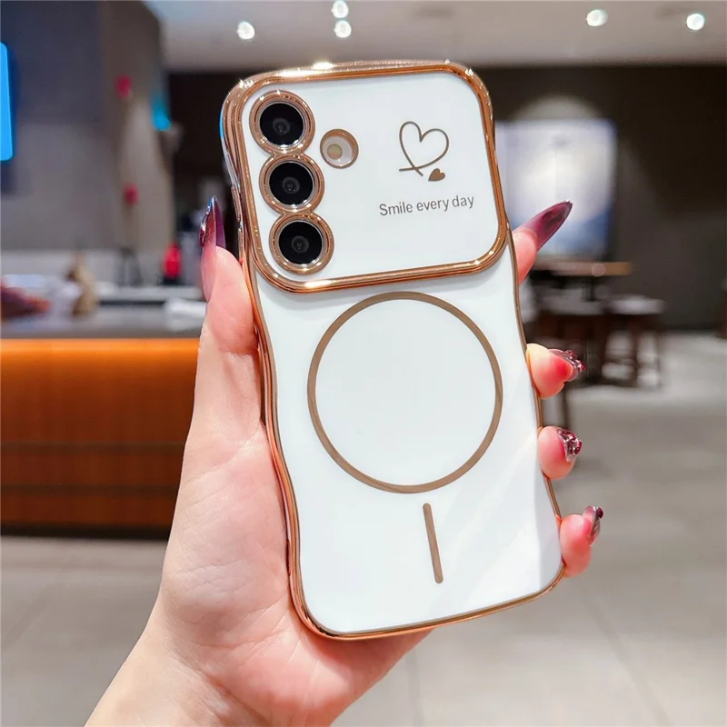 For Samsung Galaxy S25+ / S24+ Magnetic Case Electroplating Wave Edge TPU Phone Cover Heart Pattern - Ivory White