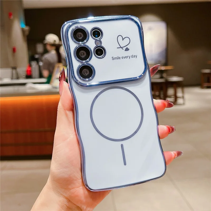 For Samsung Galaxy S25 Ultra Magnetic Case Electroplating Wave Edge TPU Phone Cover Heart Pattern - Blue