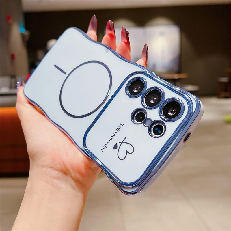 For Samsung Galaxy S25 Ultra Magnetic Case Electroplating Wave Edge TPU Phone Cover Heart Pattern - Blue
