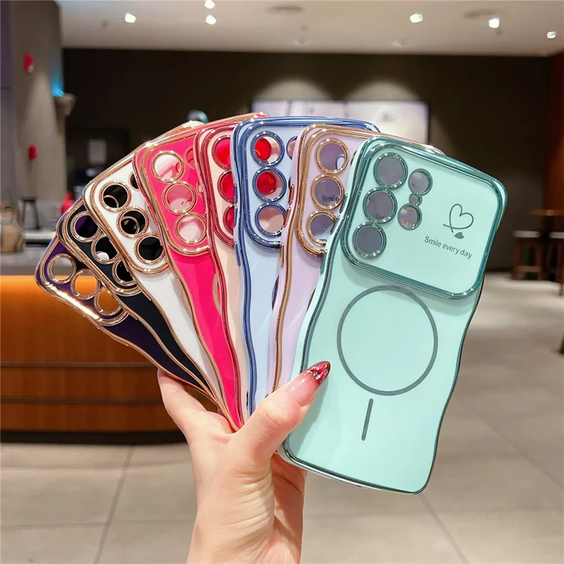 For Samsung Galaxy S25 Ultra Magnetic Case Electroplating Wave Edge TPU Phone Cover Heart Pattern - Blue