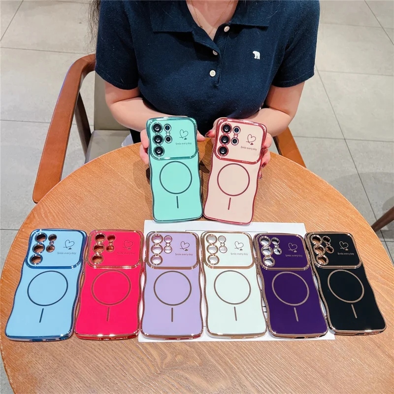 For Samsung Galaxy S25 Ultra Magnetic Case Electroplating Wave Edge TPU Phone Cover Heart Pattern - Blue