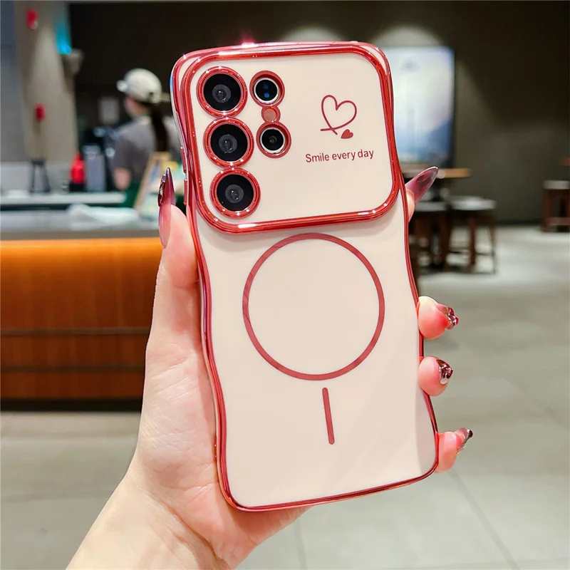 For Samsung Galaxy S25 Ultra Magnetic Case Electroplating Wave Edge TPU Phone Cover Heart Pattern - Rose Pink