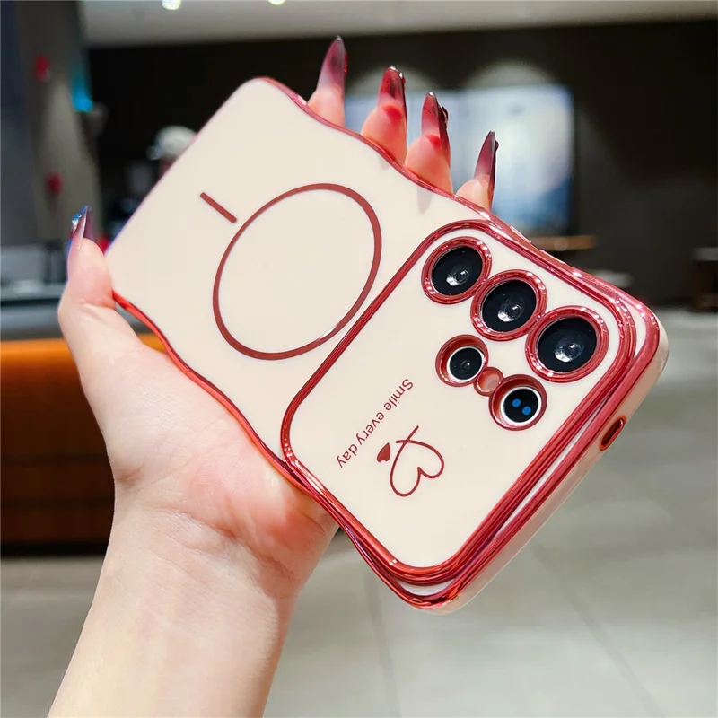 For Samsung Galaxy S25 Ultra Magnetic Case Electroplating Wave Edge TPU Phone Cover Heart Pattern - Rose Pink