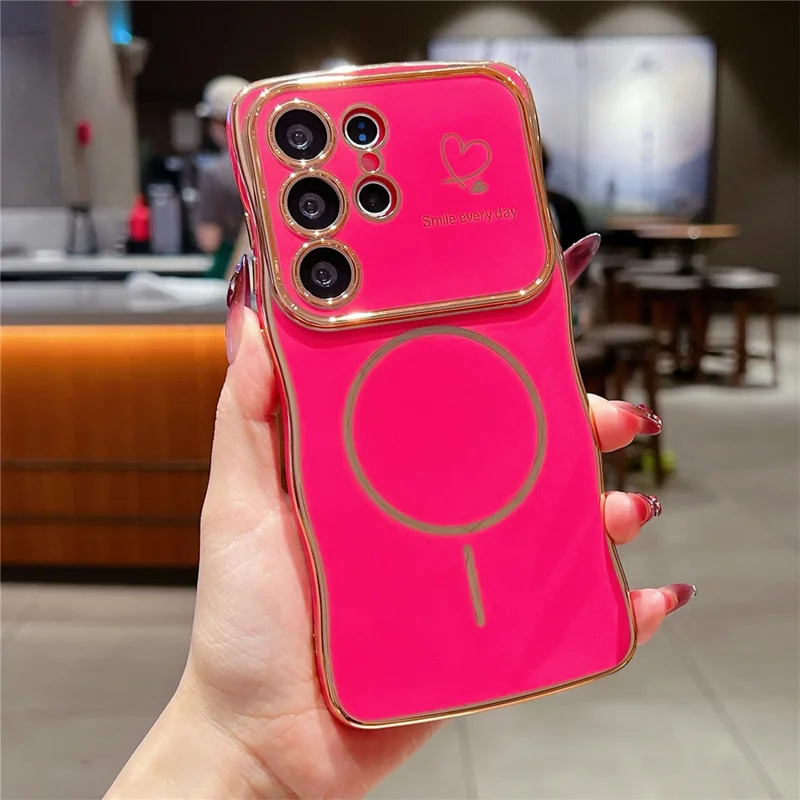 For Samsung Galaxy S25 Ultra Magnetic Case Electroplating Wave Edge TPU Phone Cover Heart Pattern - Rose