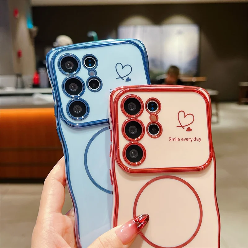 For Samsung Galaxy S25 Ultra Magnetic Case Electroplating Wave Edge TPU Phone Cover Heart Pattern - Rose