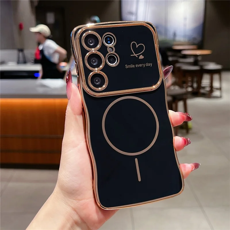 For Samsung Galaxy S25 Ultra Magnetic Case Electroplating Wave Edge TPU Phone Cover Heart Pattern - Black
