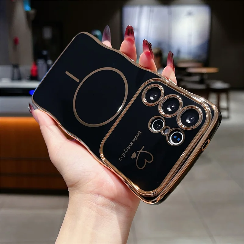 For Samsung Galaxy S25 Ultra Magnetic Case Electroplating Wave Edge TPU Phone Cover Heart Pattern - Black