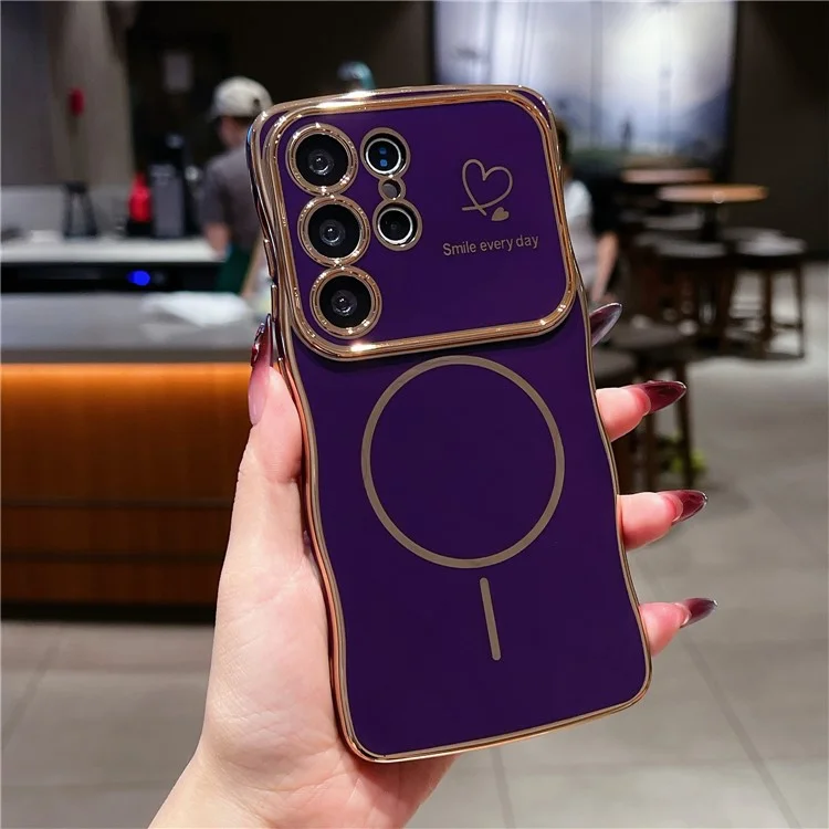 Чехол для Samsung Galaxy S25 Ultra с магнитным креплением, электролитической волнистой кромкой, ТПУ-обложкой с узором в виде сердец - Темно-фиолетовый