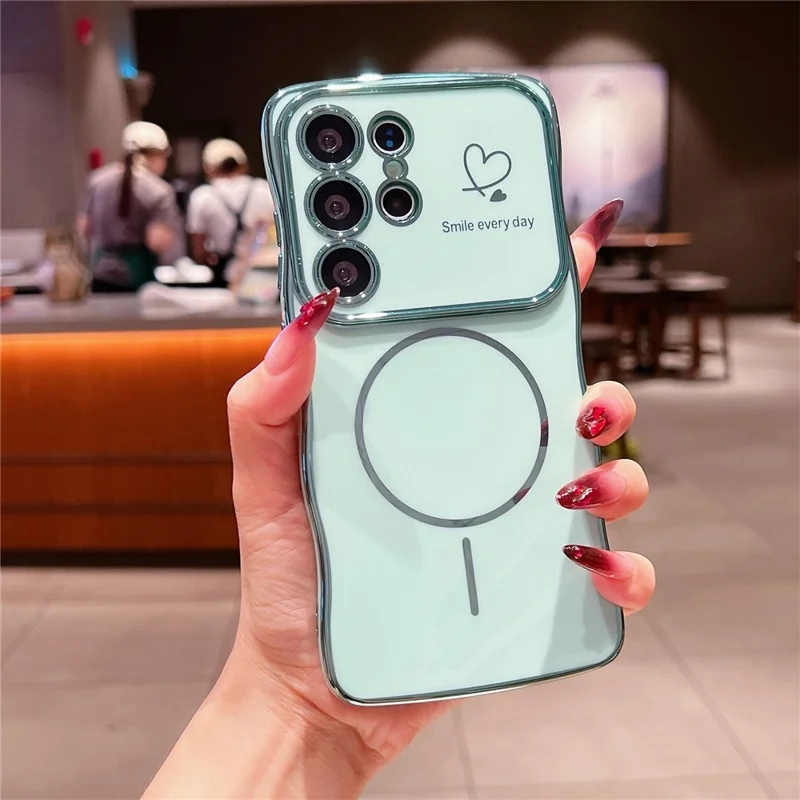 For Samsung Galaxy S25 Ultra Magnetic Case Electroplating Wave Edge TPU Phone Cover Heart Pattern - Green
